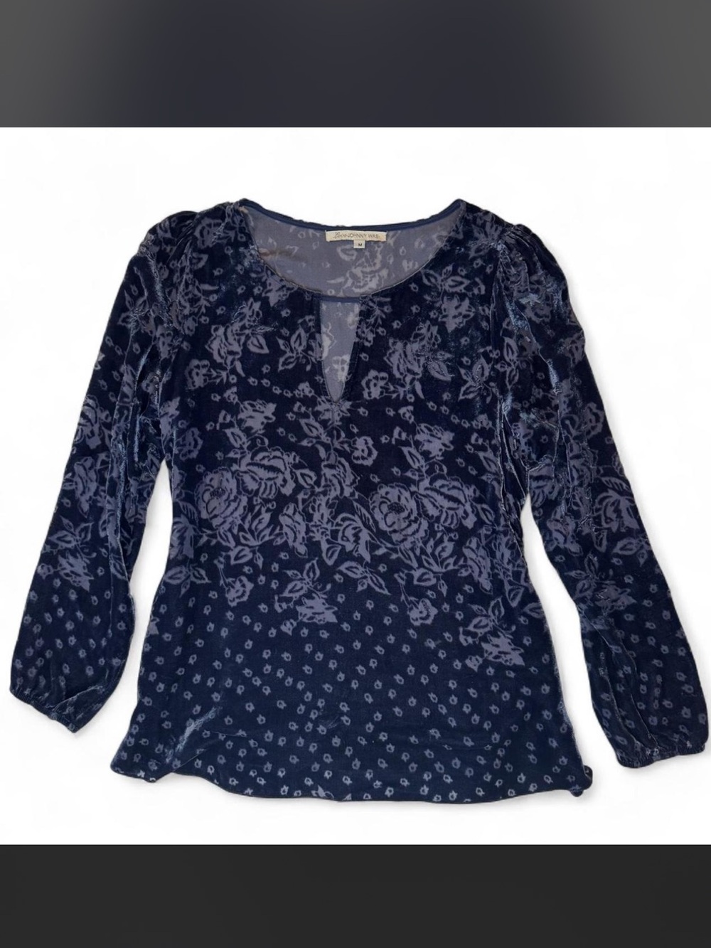 Johnny Was Bohemian Navy Blue Velvet Floral Blouse